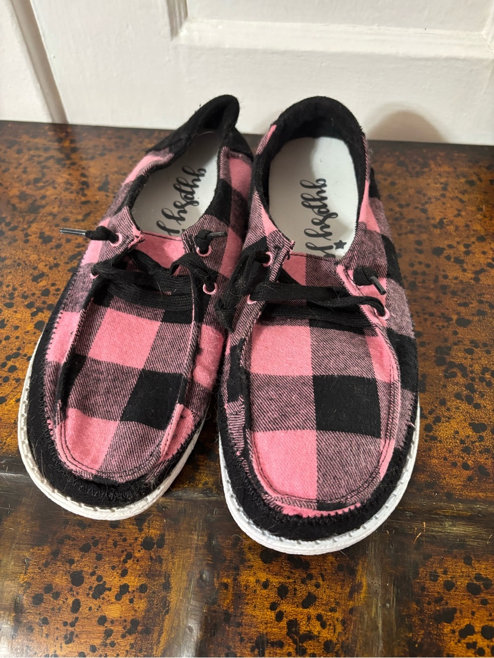 Gypsy Jazz Pink and Black Buffalo Plaid Casual Sneakers